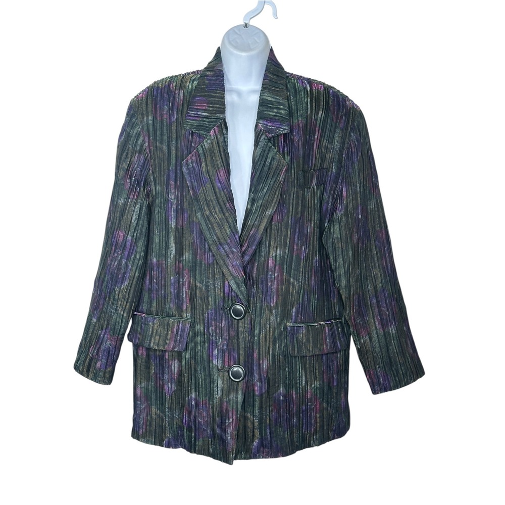 New Cache Blazer 1 Medium Purple Green Metallic Floral Pleated Vintage Jacket